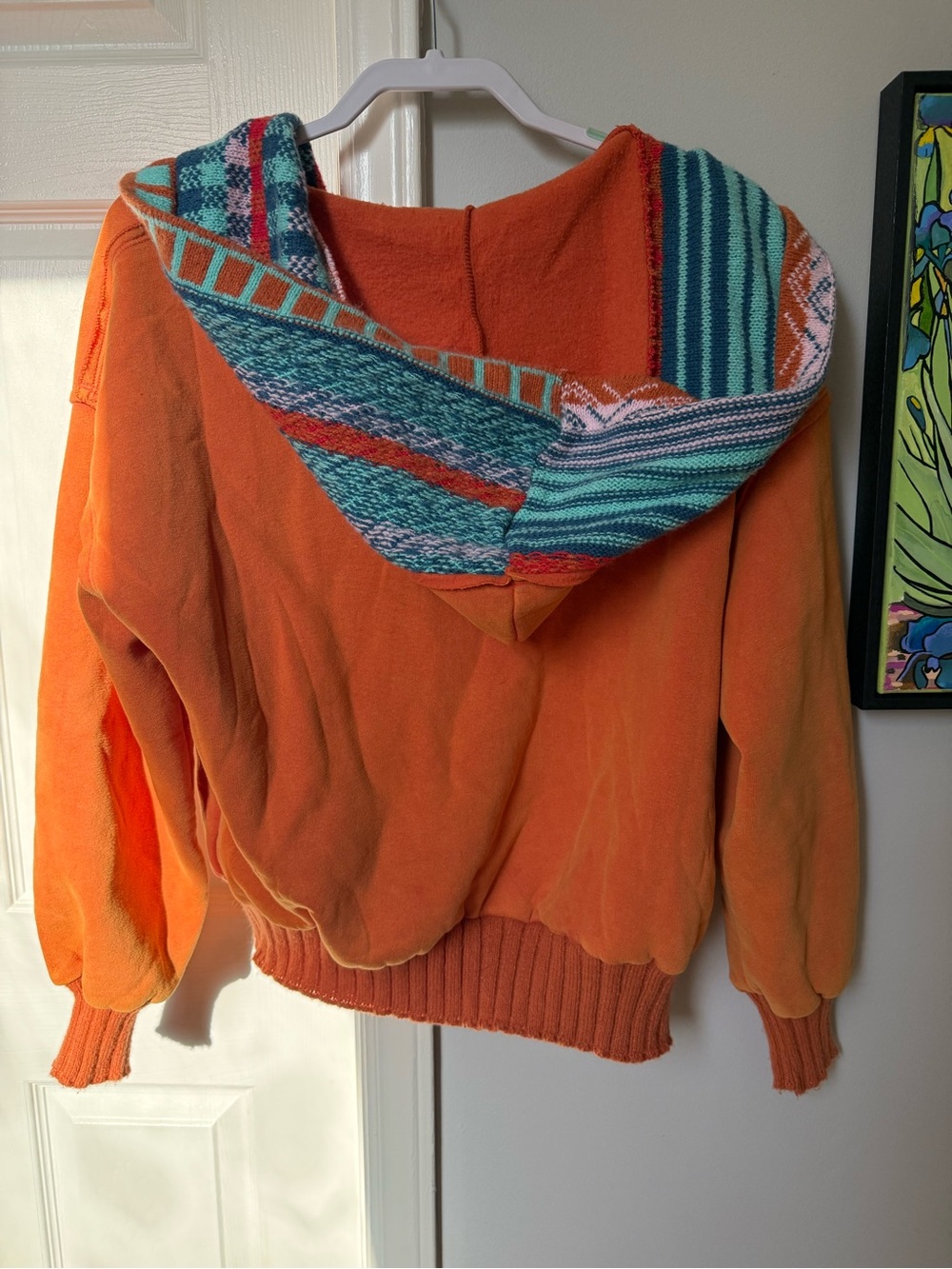 easel Orange Hoodie with Teal & Pink Striped Knit Trim - Picture 5 of 8